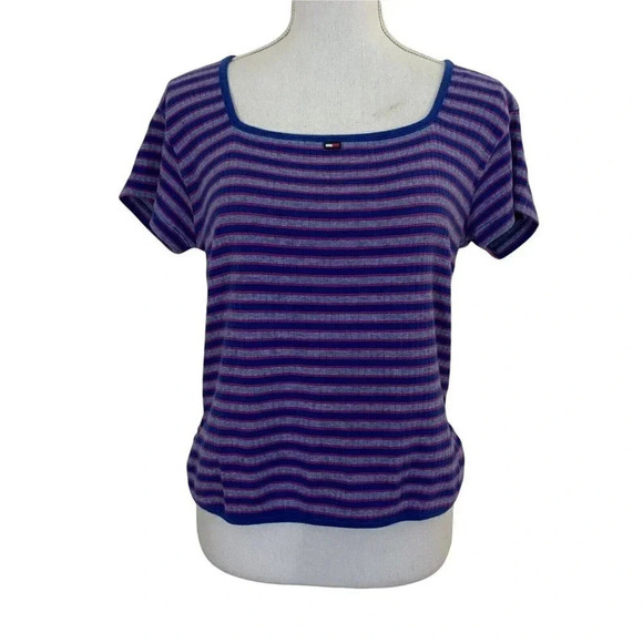 Tommy Hilfiger Tommy Jeans Striped T Shirt Y2K Womens Square Neck Logo Side Slit - Picture 1 of 7